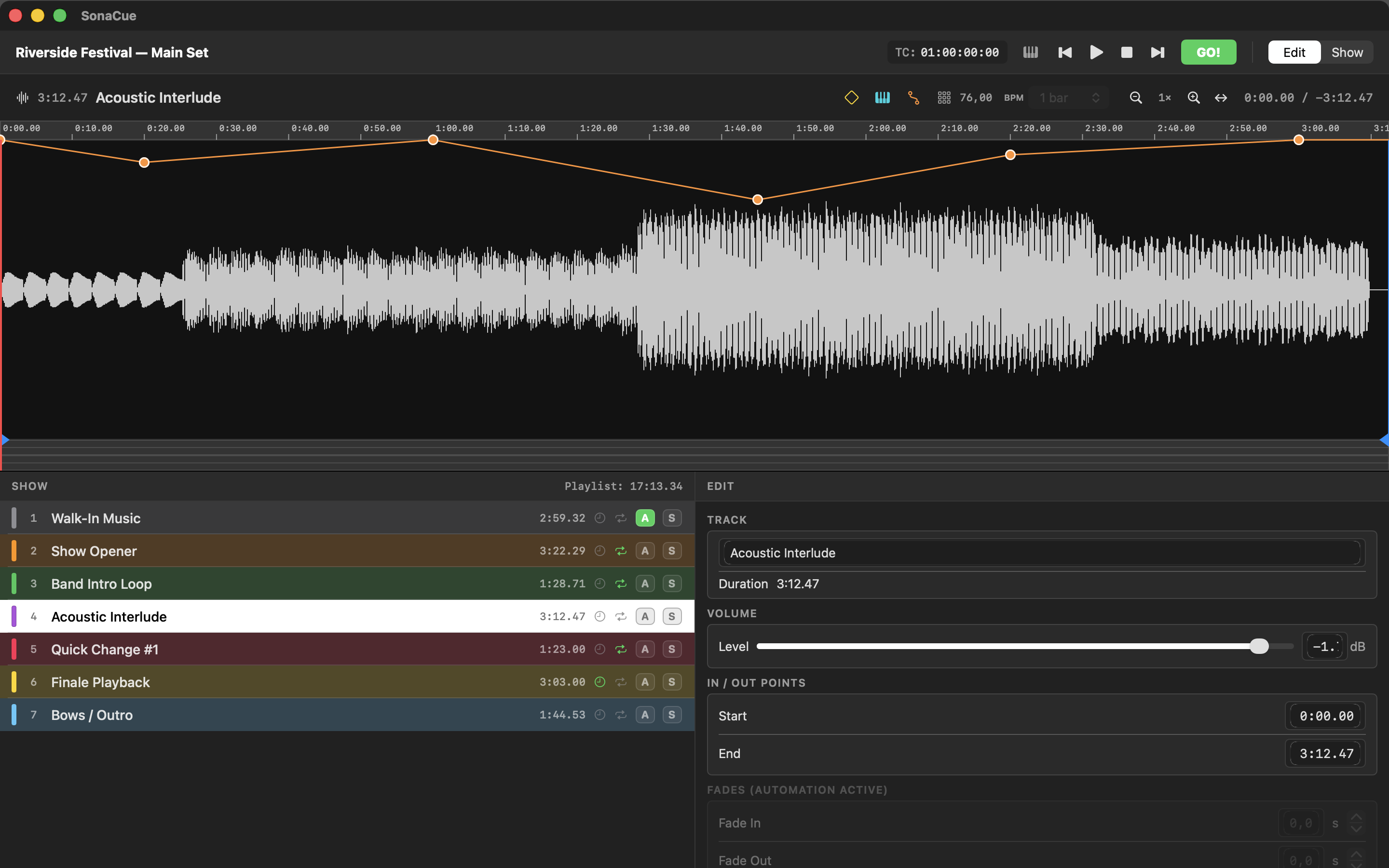 Volume automation curve with draggable points over a waveform in SonaCue