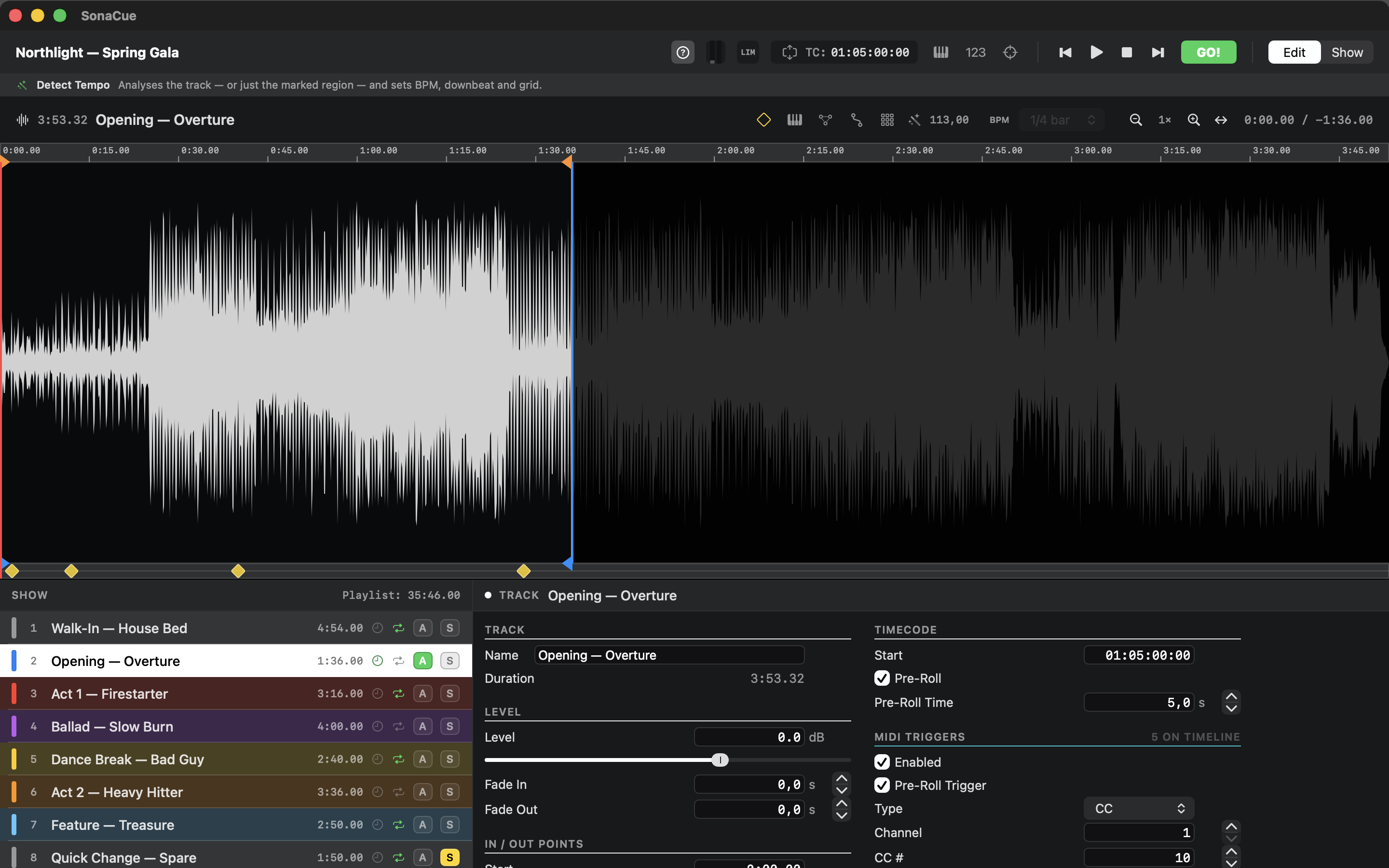 SonaCue in Edit mode: the set list on the left, the waveform with its trim handles and time ruler, and the two-column Edit panel showing the cue's timecode start and pre-roll trigger. The MIDI and OSC trigger strips are switched off, leaving only the note timeline.