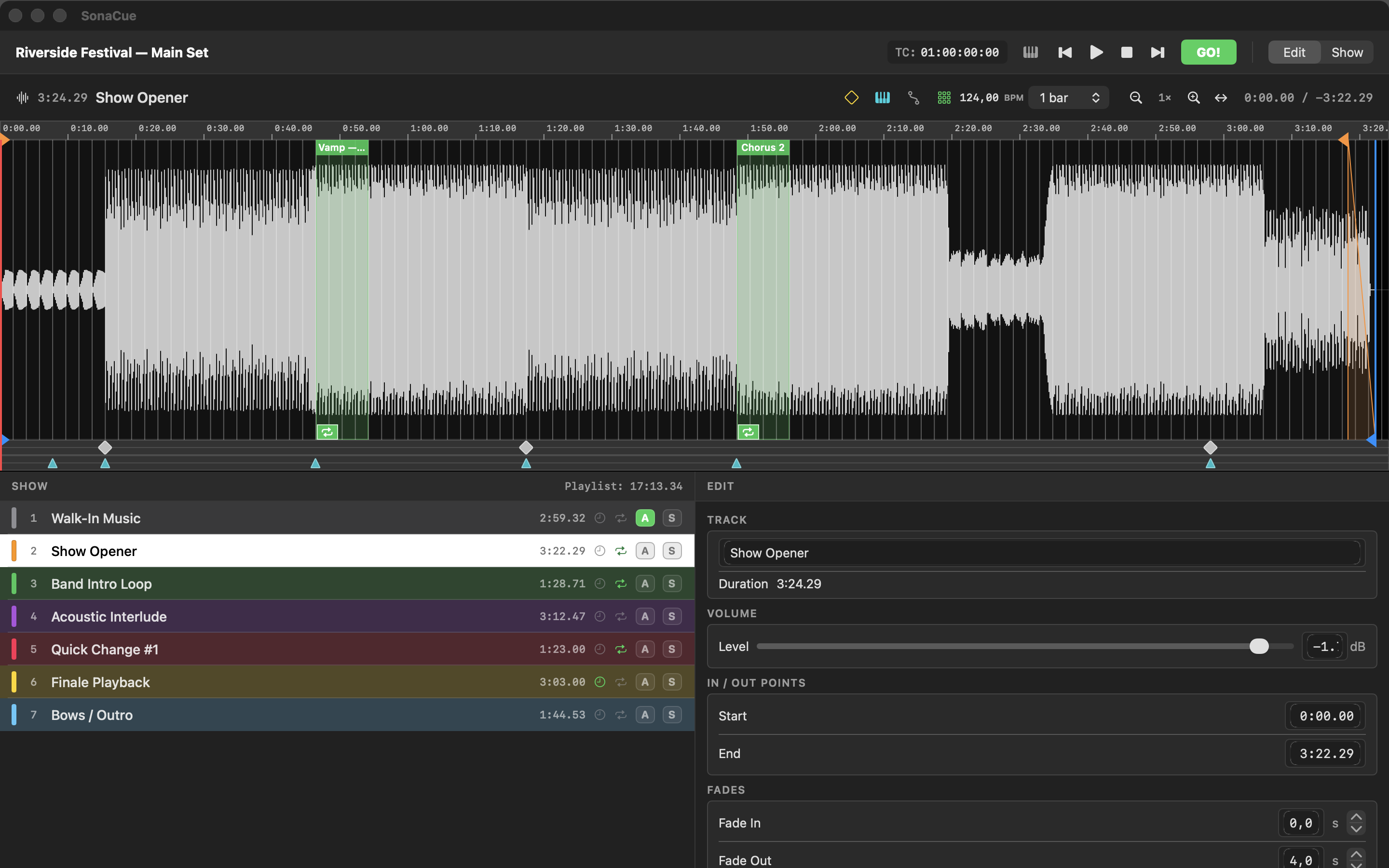 SonaCue editing a show: waveform with loop regions, beat grid, cue notes and fade handles