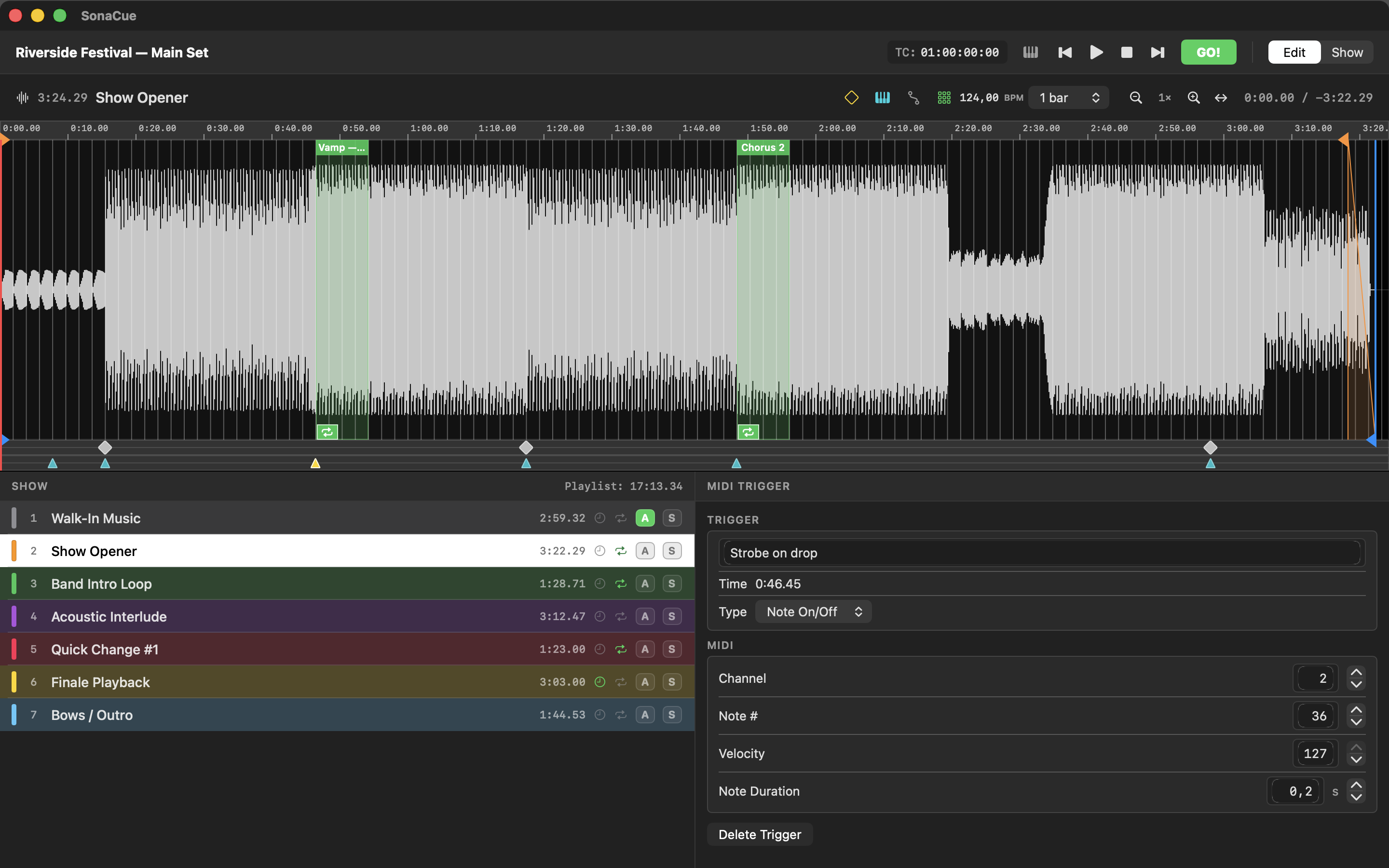 MIDI trigger timeline with markers and the trigger's channel, note and velocity settings in SonaCue