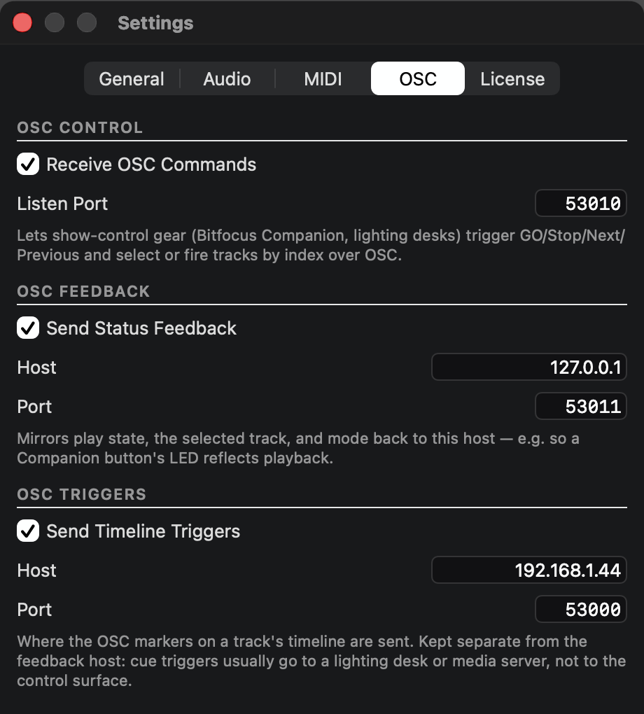 SonaCue's OSC settings: the control listen port, the status feedback host and port, and the OSC trigger destination