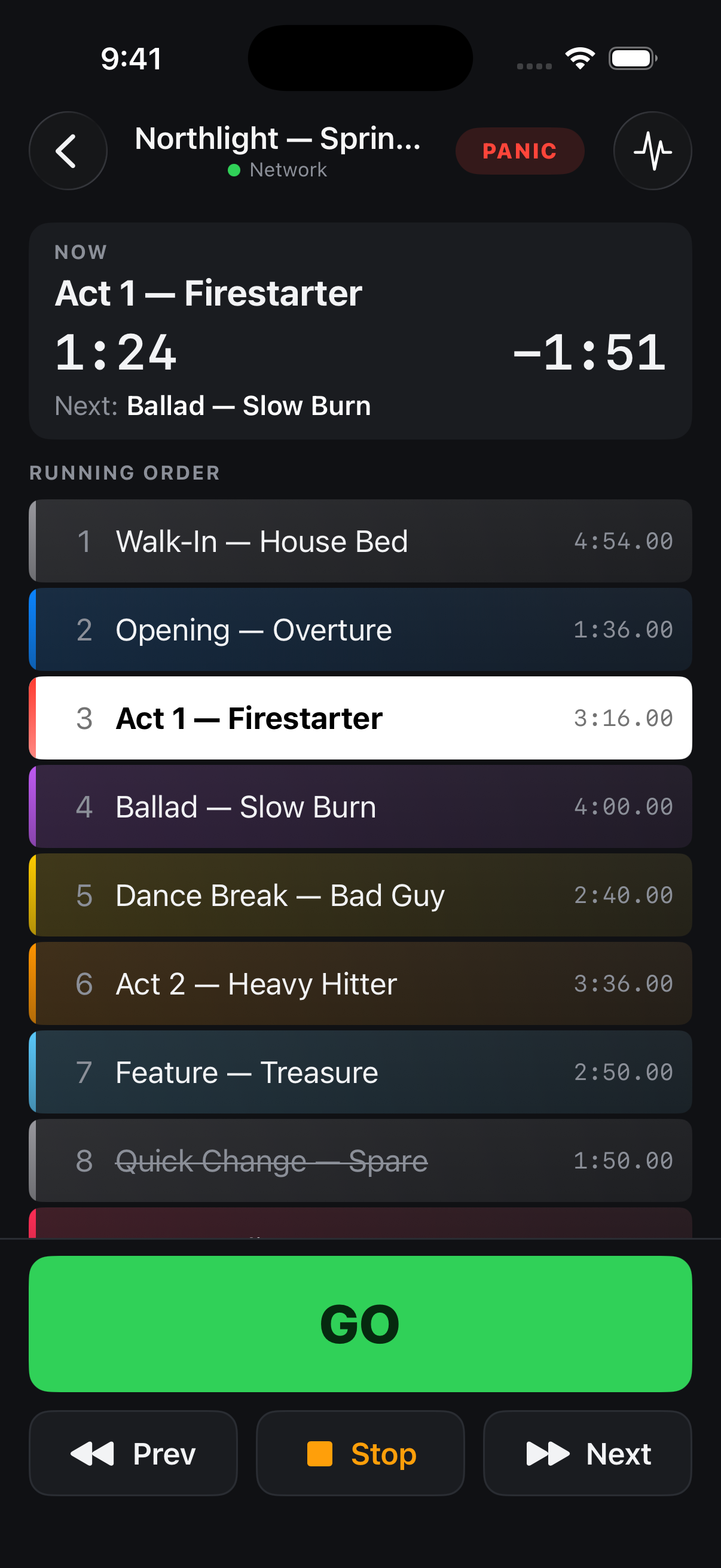 SonaCue Remote on an iPhone, connected to SonaCue: the playing cue with elapsed and remaining time and the next cue, the running order with cue colours, and a large GO button above Prev, Stop and Next