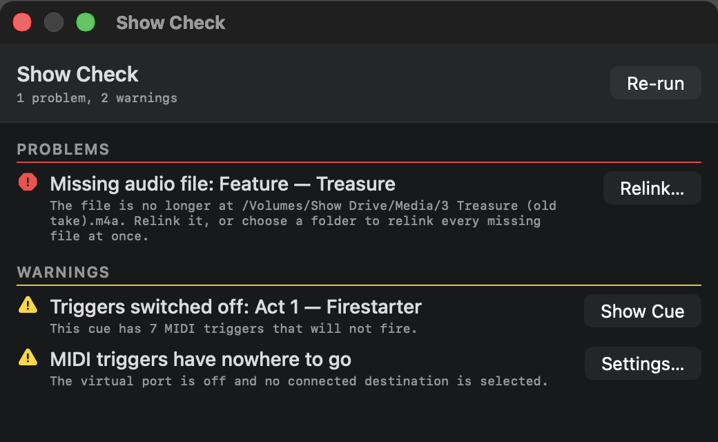 SonaCue's Show Check window listing problems, warnings and notes, each with its own fix button
