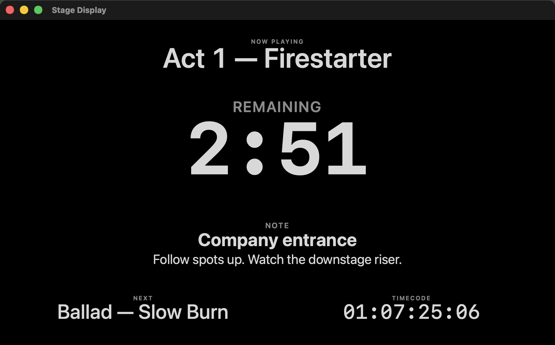 SonaCue's Stage Display on a second screen: the cue name, a large remaining-time countdown, the active note, the next cue and the timecode