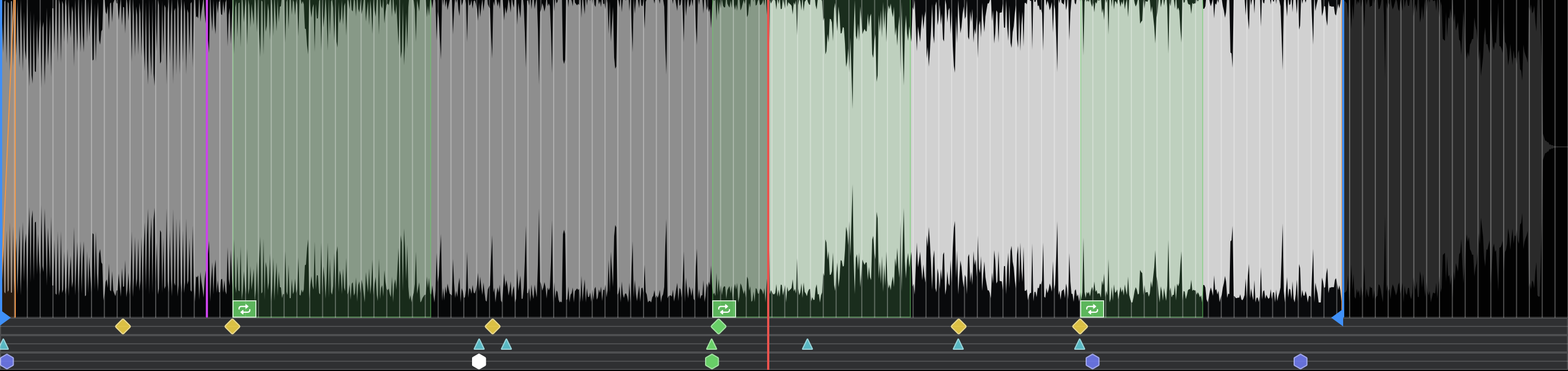 The SonaCue waveform with its three marker strips beneath it: yellow note diamonds, teal MIDI trigger triangles and indigo OSC trigger hexagons, one of them selected